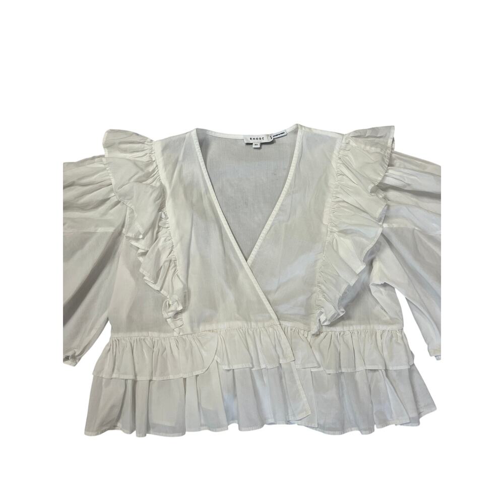 RHODE Ruffle Puff Sleeve Deep V Crop Blouse SIZE XS White Cotton Shirt